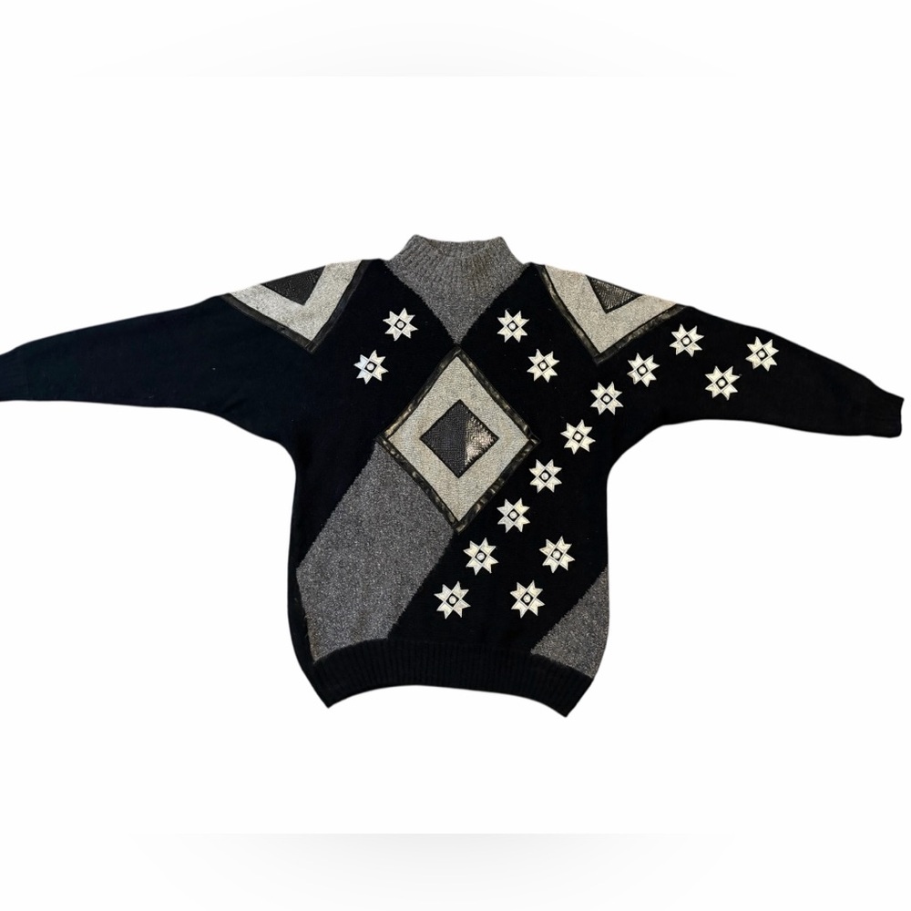 Vintage IB Diffusion Angora Silk Sweater Geometric Star Black Gray 90s‎ Size Med